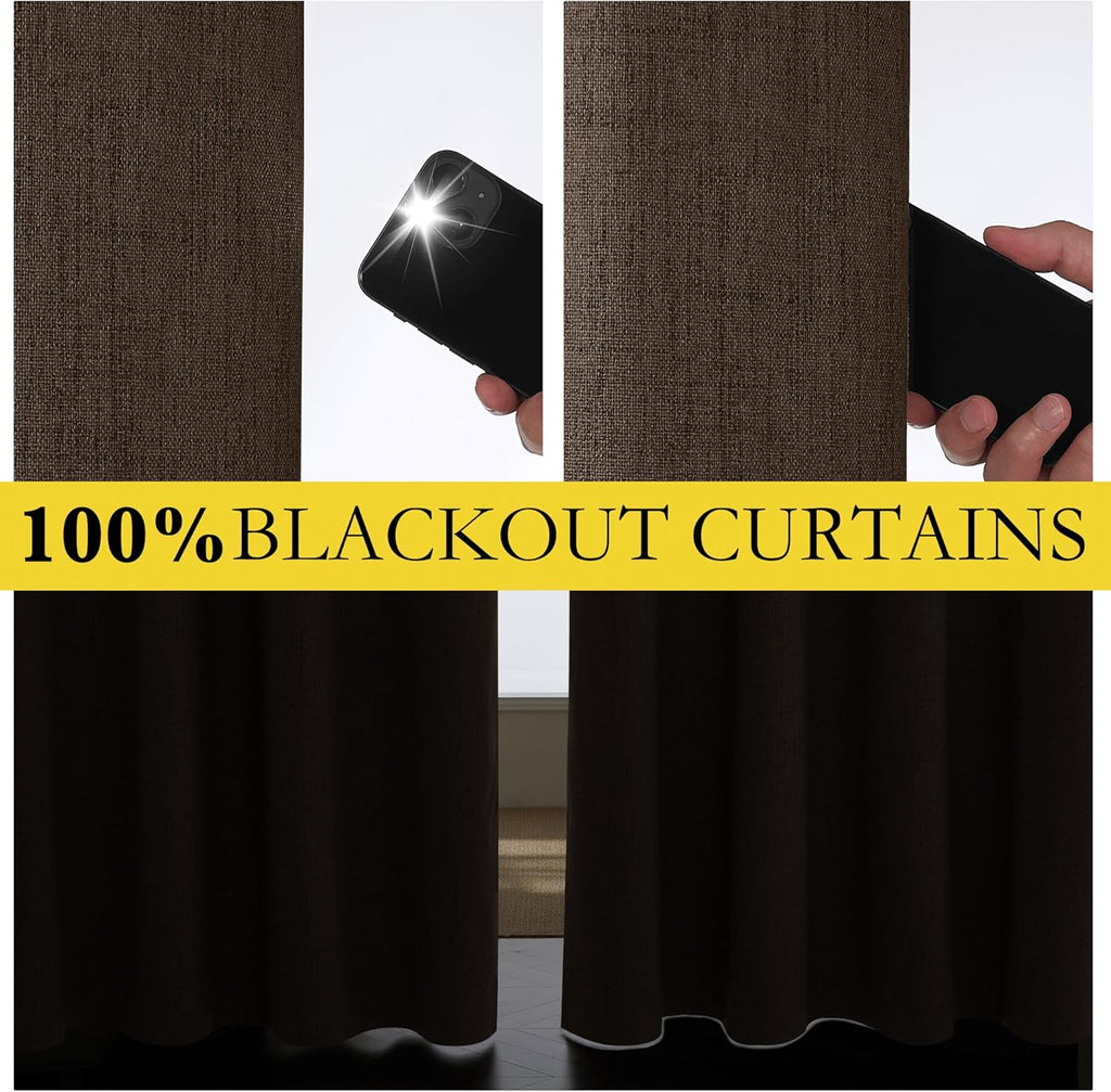NICETOWN Coffee Vintage Linen 100% Blackout Curtains for Living Room, Thermal Insulated Curtains 120“ Long, Noise Reducing Window…