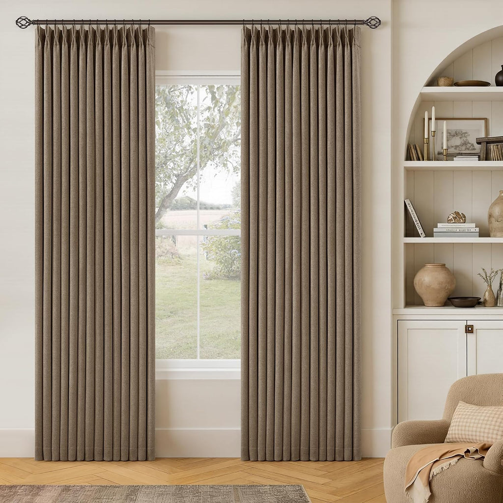 Twodrapes Latte Pinch Pleated 100% Blackout Linen Bedroom Curtains 86 Inch Length Double Layer Pleat Curtains Ring Hooks Back Tab Black Out…