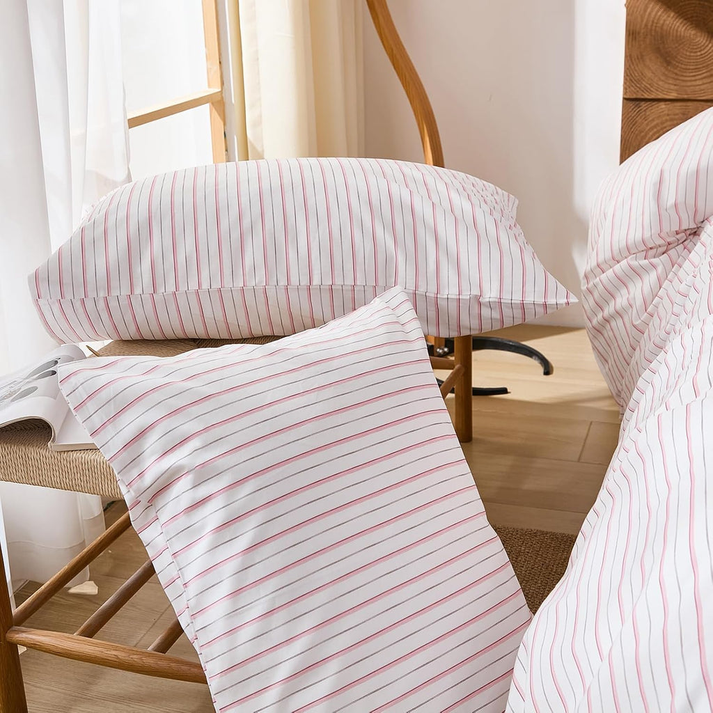Merryword Queen Size Pillowcases, 100% Cotton Pillow Cases, White & Pink Striped Pillowcases, Luxury Linen Like Pillowcase, Soft Breathable…