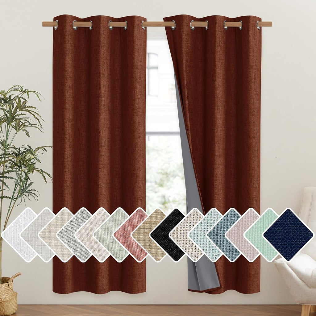 NICETOWN 100% Absolutely Blackout Linen Curtains with Thermal Insulated Liner, 42" Wide, 2 Panels, 72" Long Drapes, Grommet Retro Burnt…