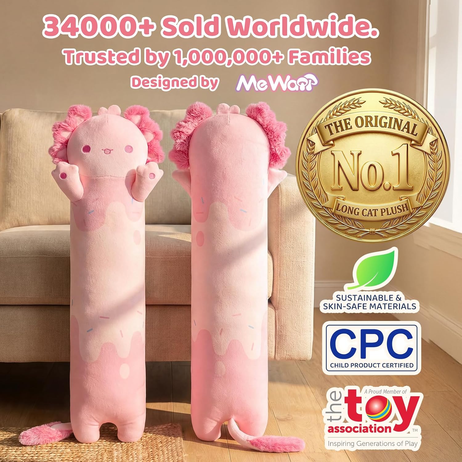 Mewaii Long Axolotl Plush 5 Sizes, 120% Extra Filling Giant Plushness Kids Body Pillow, Kawaii Cute Pink Axolotl Stuffed Animals…
