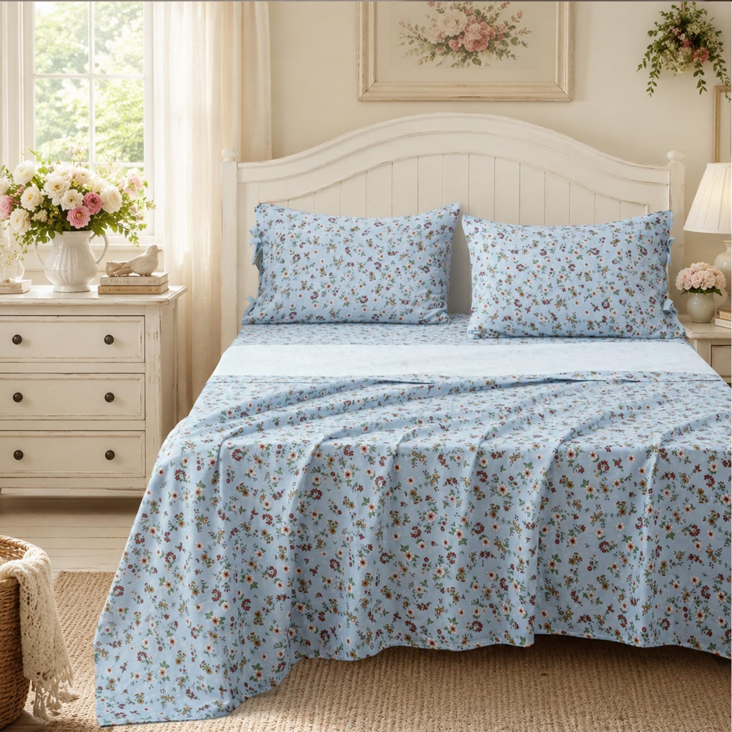 FADFAY Luxury Double Gauze Cotton Full Sheet Set, Vintage Wildflower Floral Muslin Sheets, Ultra Soft Breathable Cottagecore Floral Bed…