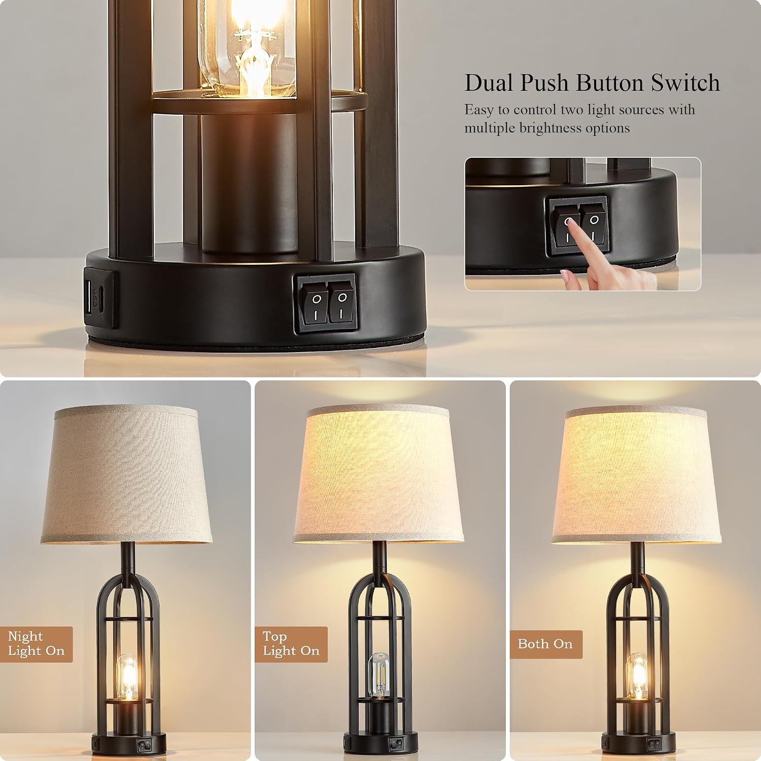 SRJJA Black Table Lamps for Living Room Set of 2 - Farmhouse Lamps for Night Stands with USB A+C, Bedside Lamps for Bedroom, 24''…