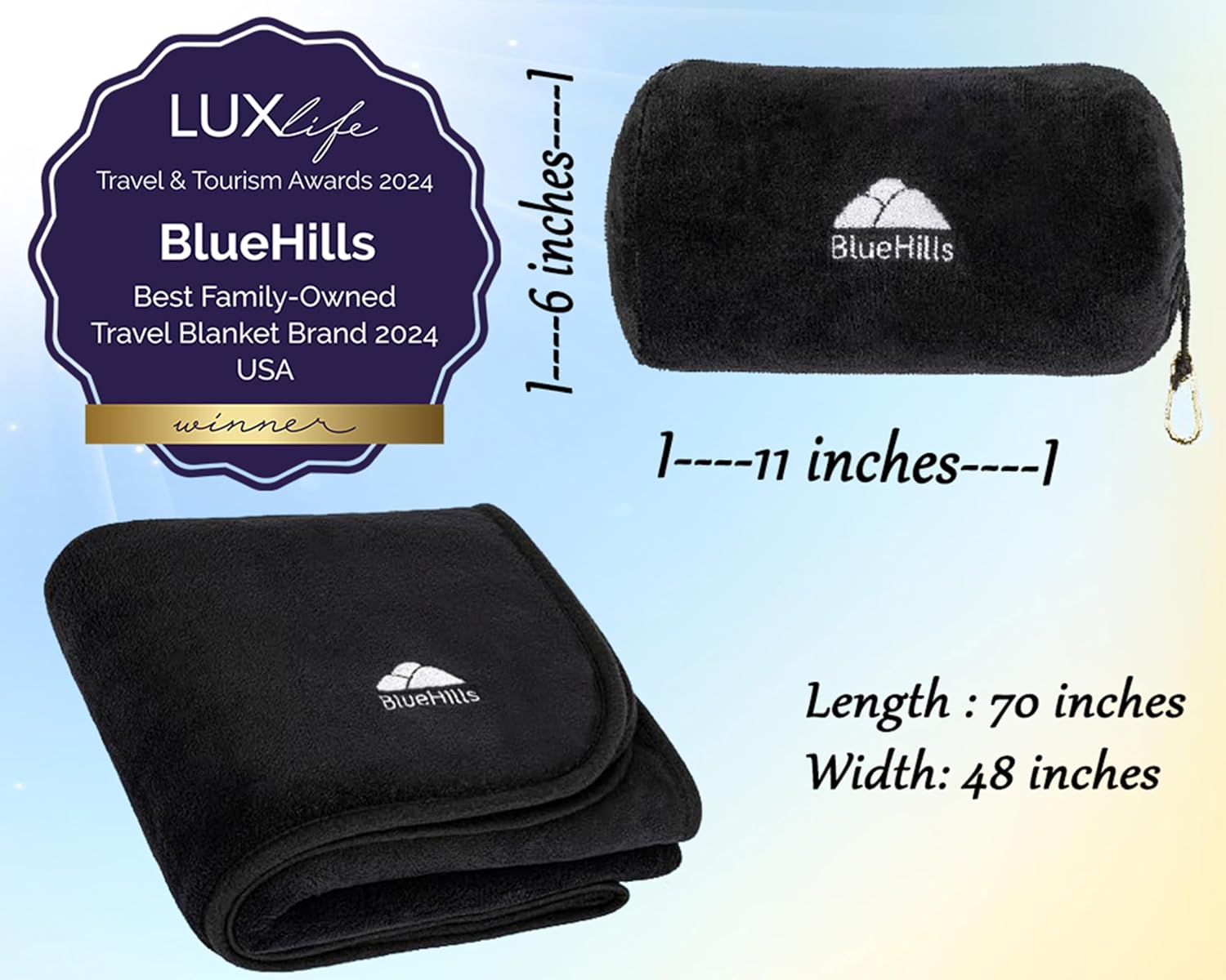 BlueHills Travel Blanket Pillow Rolled Premium Soft Plush Airplane Throw Traveling Accessories Gifts Compact in a Bag 70 X 48 inches Long…