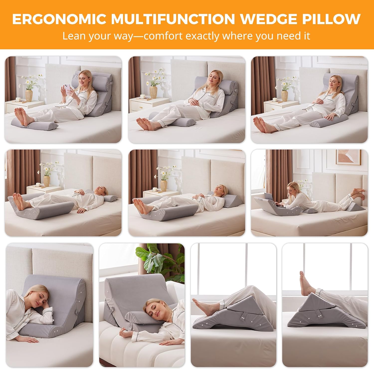 Ruqmuis 4PCS Wedge Pillow Set for After Surgery, Adjustable Back Pillow for Bed Sitting up, Acid Reflux, Bed Wedge Pillow Headboard for Sle…