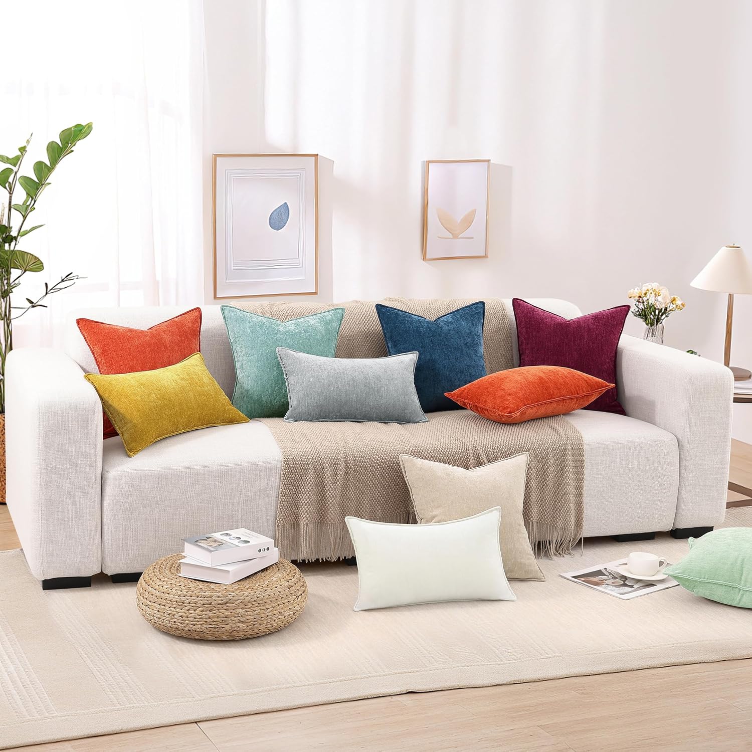 decorUhome Summer Couch Euro Sham Throw Pillow Covers 24x24 Set of 2, Decorative Soft Velvet Modern Cozy Chenille Pillow Cases with Elegant…