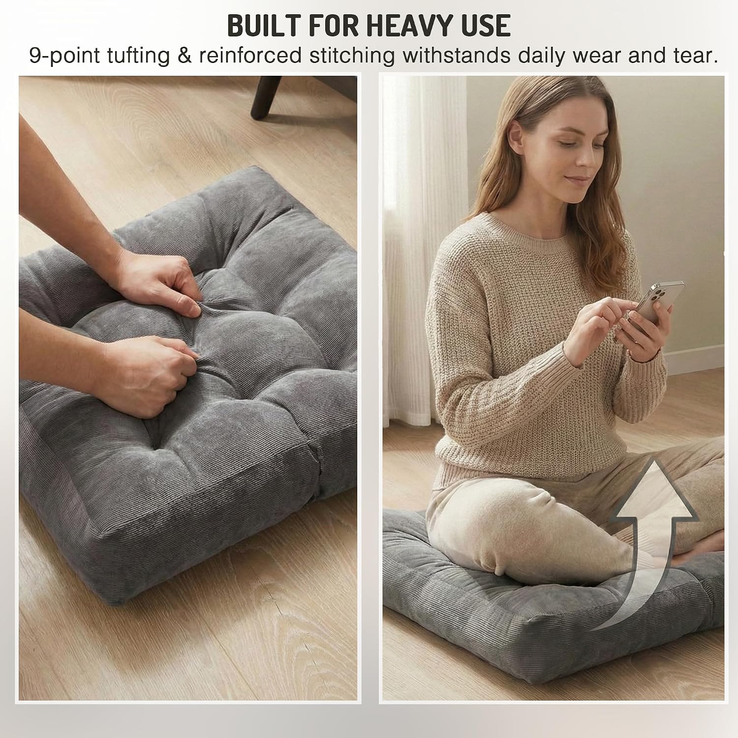 Meditation Floor Pillow Set of 2, Square Large Pillows Seating for Adults, Tufted Corduroy Cushion for Reading Nook, Classroom and Living…