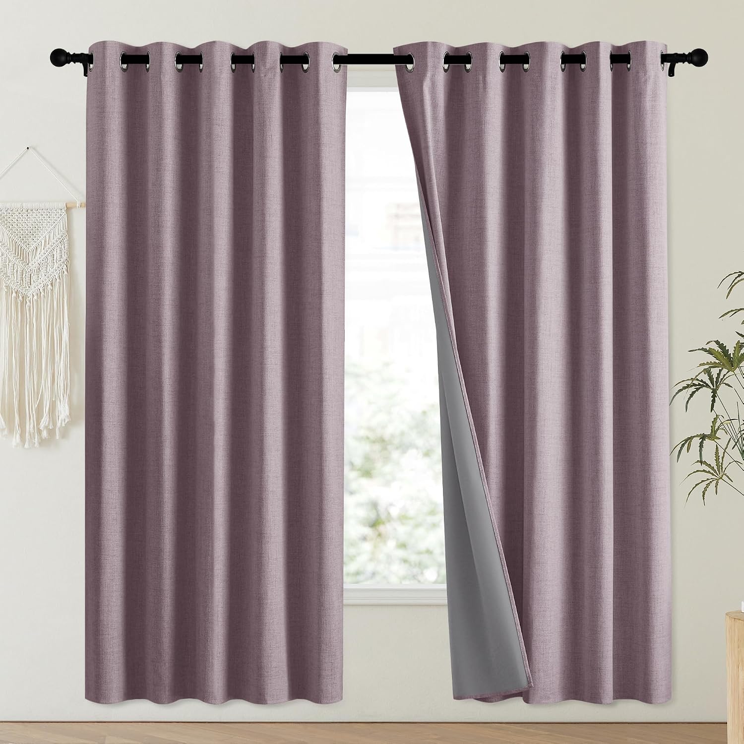 NICETOWN Chaise Mauve Vintage Linen 100% Blackout Curtains for Playroom, Thermal Insulated Curtains 72" Long, Noise Reducing Window…