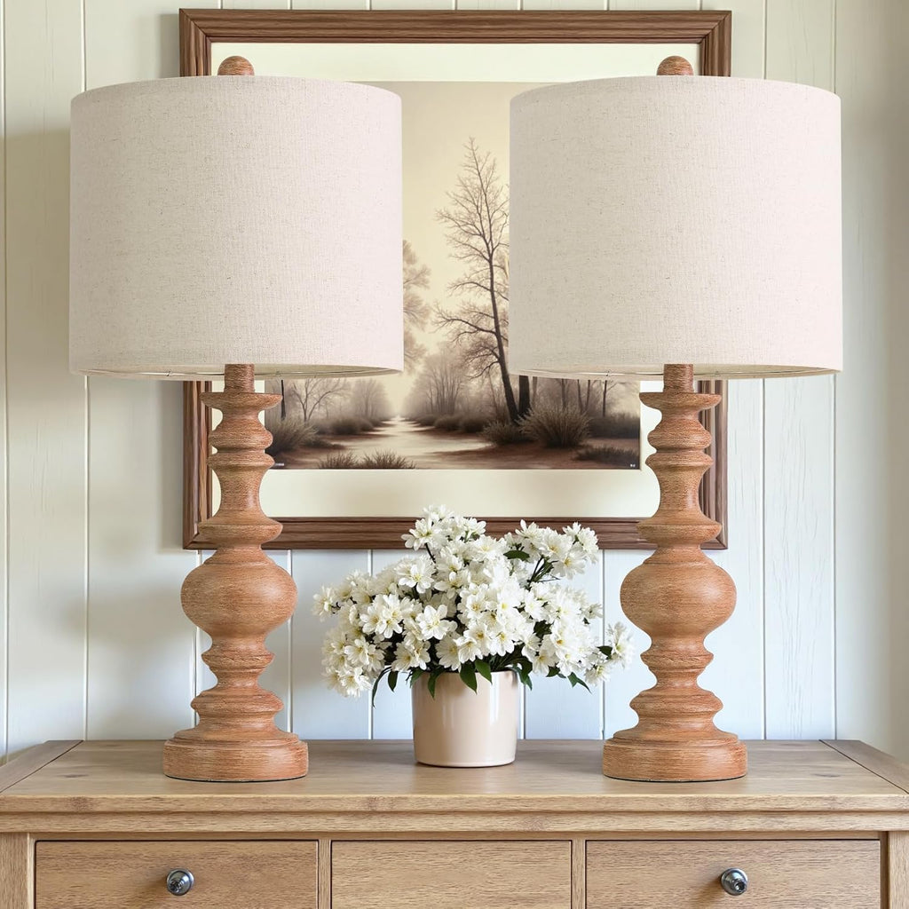 BOBOMOMO 24" Farmhouse Table Lamps Set of 2 – Rustic Light Brown Resin Bedside Lamps with Linen Shades, Medium Size Nightstand Lamps for…