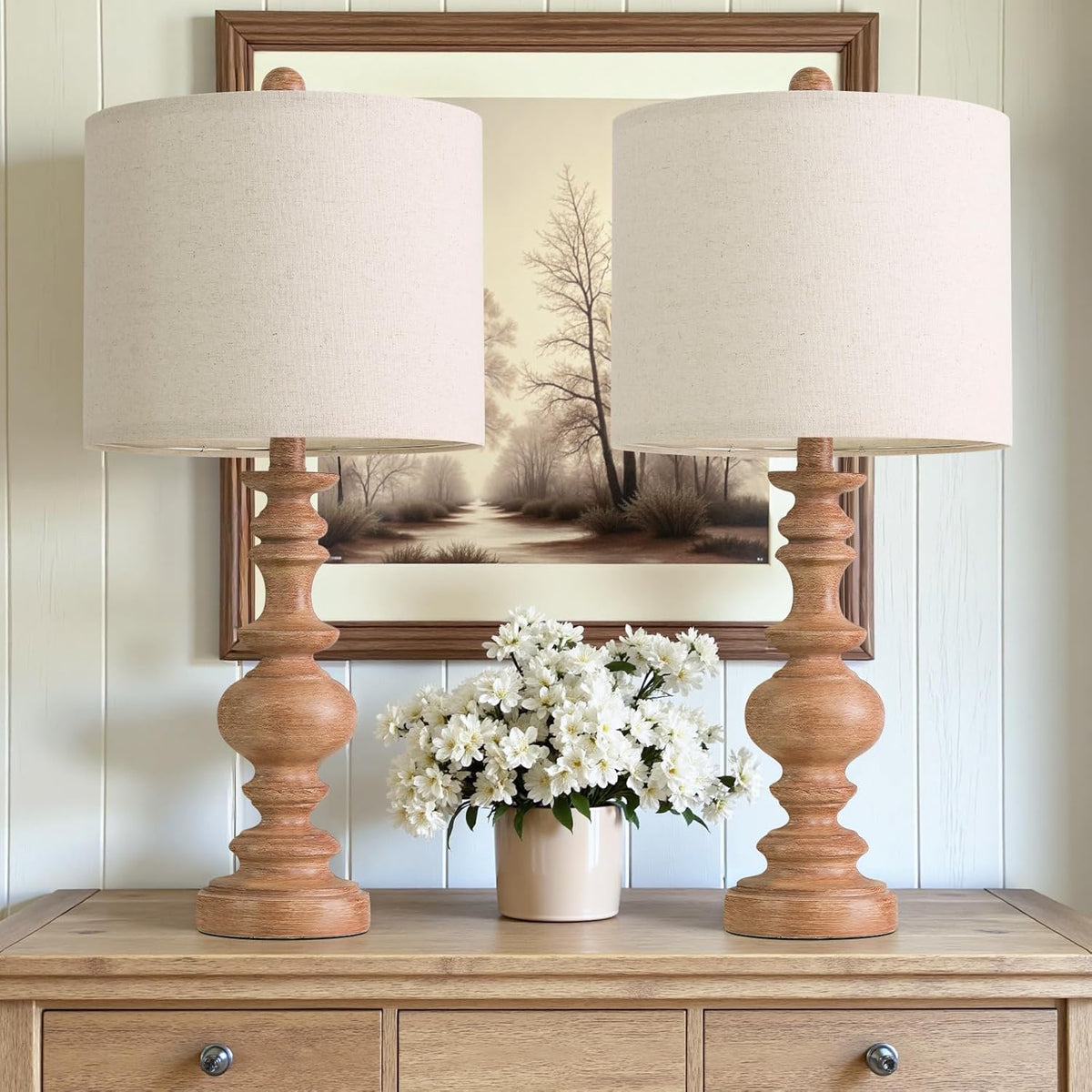 BOBOMOMO 24" Farmhouse Table Lamps Set of 2 – Rustic Light Brown Resin Bedside Lamps with Linen Shades, Medium Size Nightstand Lamps for…