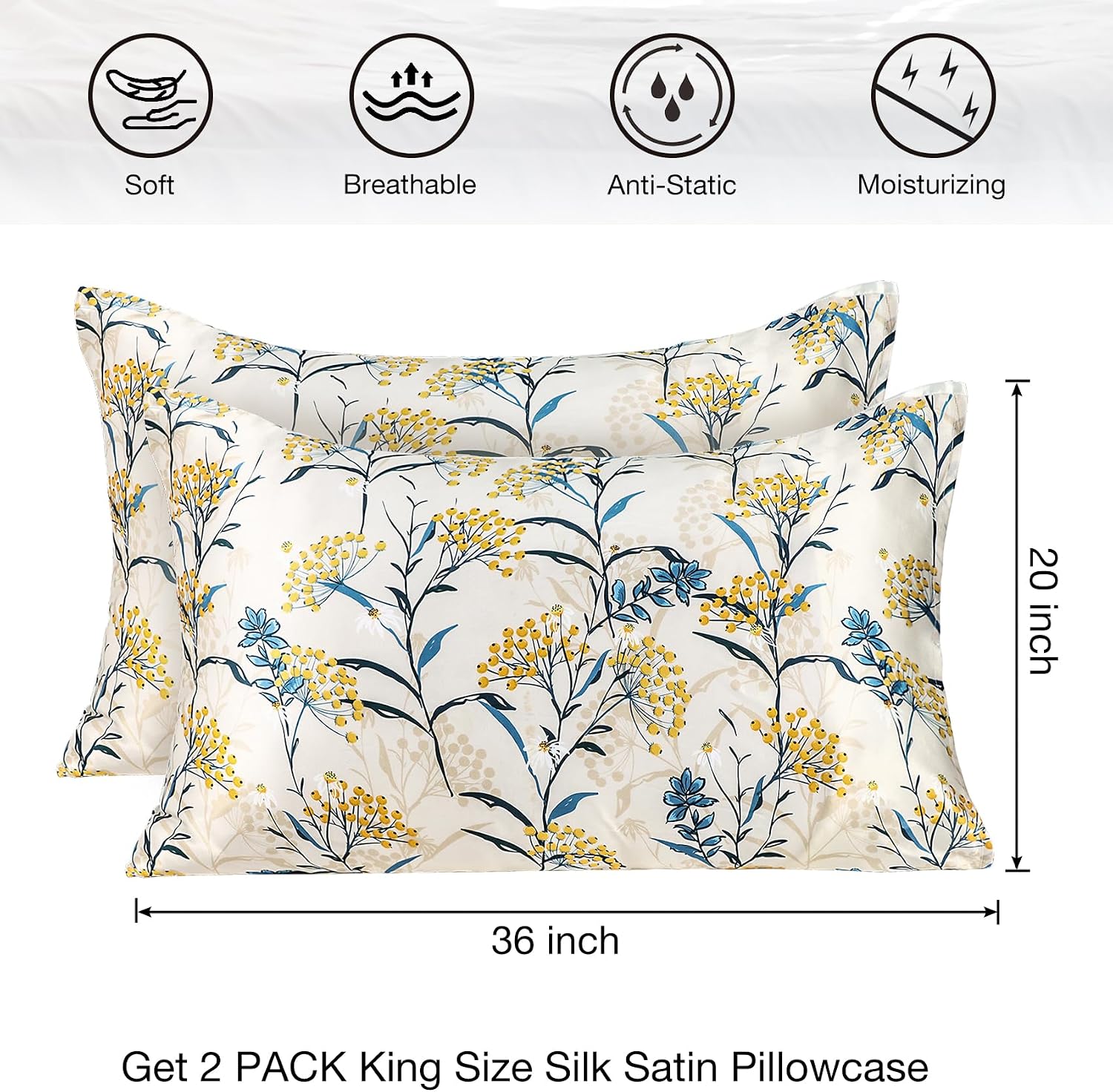 MANSPHIL Rustic Floral Silk Pillow Cases King, Botanical Printed 22 Momme Mulberry Silk Top with Satin Underside Pillowcase for Hair and…