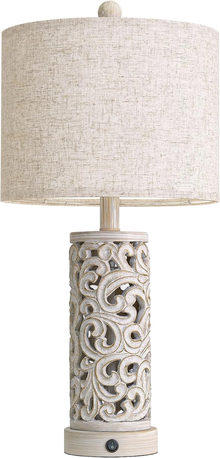 OYEARS 22'' Farmhouse Table Lamp for Living Room, Bedside Lamp with 2 USB Ports for Bedroom, Rustic Nightstand Lamp with Linen Lampshade…