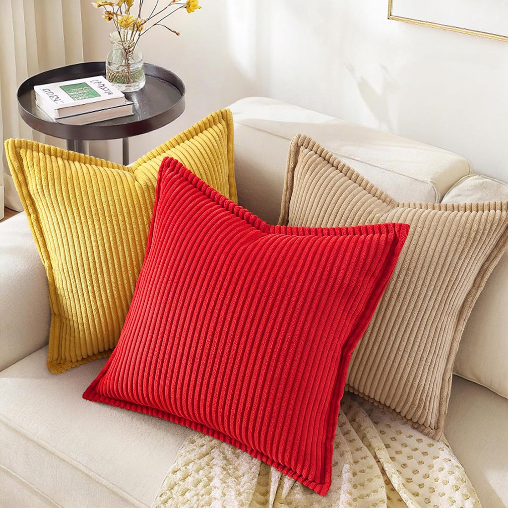 decorUhome Summer Corduroy Red Throw Pillow Covers 18x18 Set of 2 Decorative Soft Boho Farmhouse Couch Pillow Covers for Living Room Bed So…