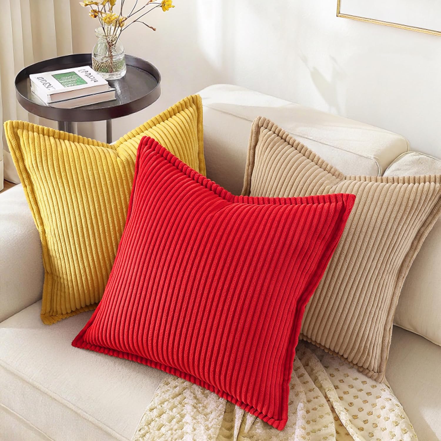 decorUhome Summer Corduroy Red Throw Pillow Covers 12x20 Set of 2 Decorative Soft Boho Farmhouse Lumbar Couch Pillow Covers for Living Room…