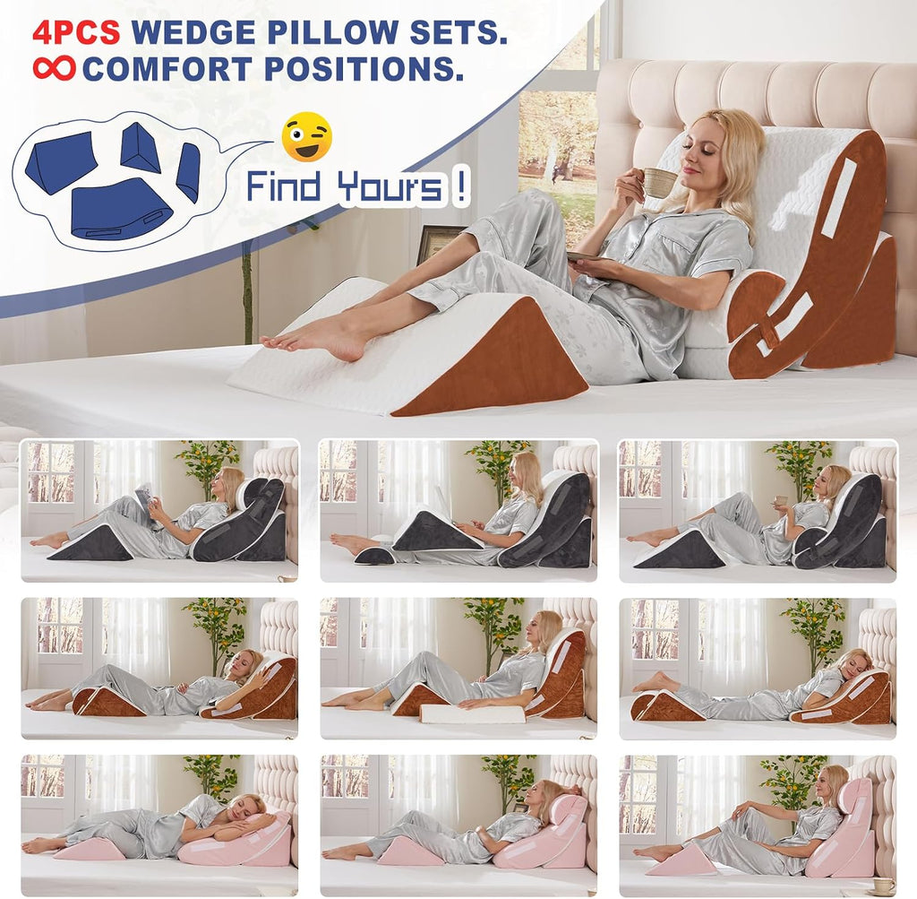 WSOFRLAC Orthopedic Bed Wedge Pillow Set 4PCS – Memory Foam Pillows for Sleeping, Post Surgery, Back Pain, Sitting Up in Bed, Acid…