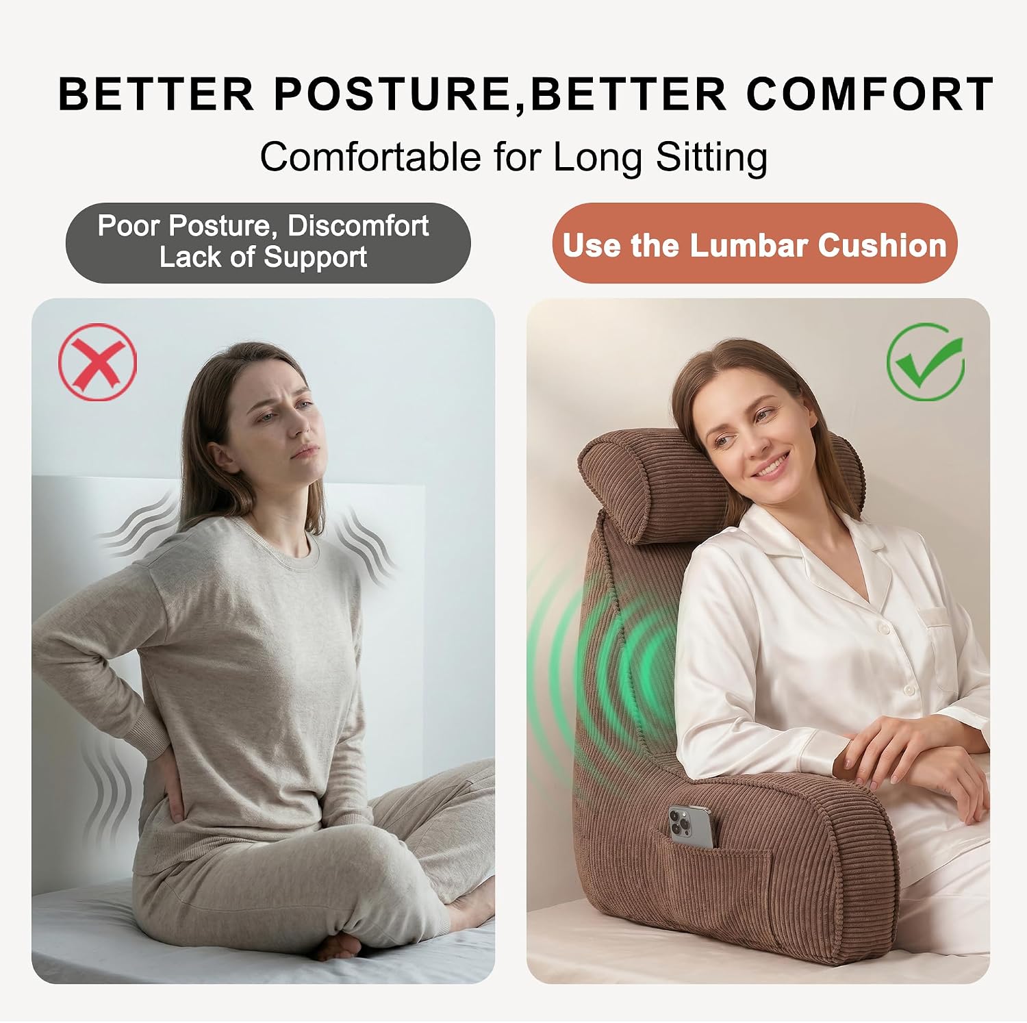 Ailuteie Reading Pillow for Sitting Up, Backrest Pillow with Arms, Corduroy Back Support Cushion with Side Pockets & Washable Cover, Bed Re…