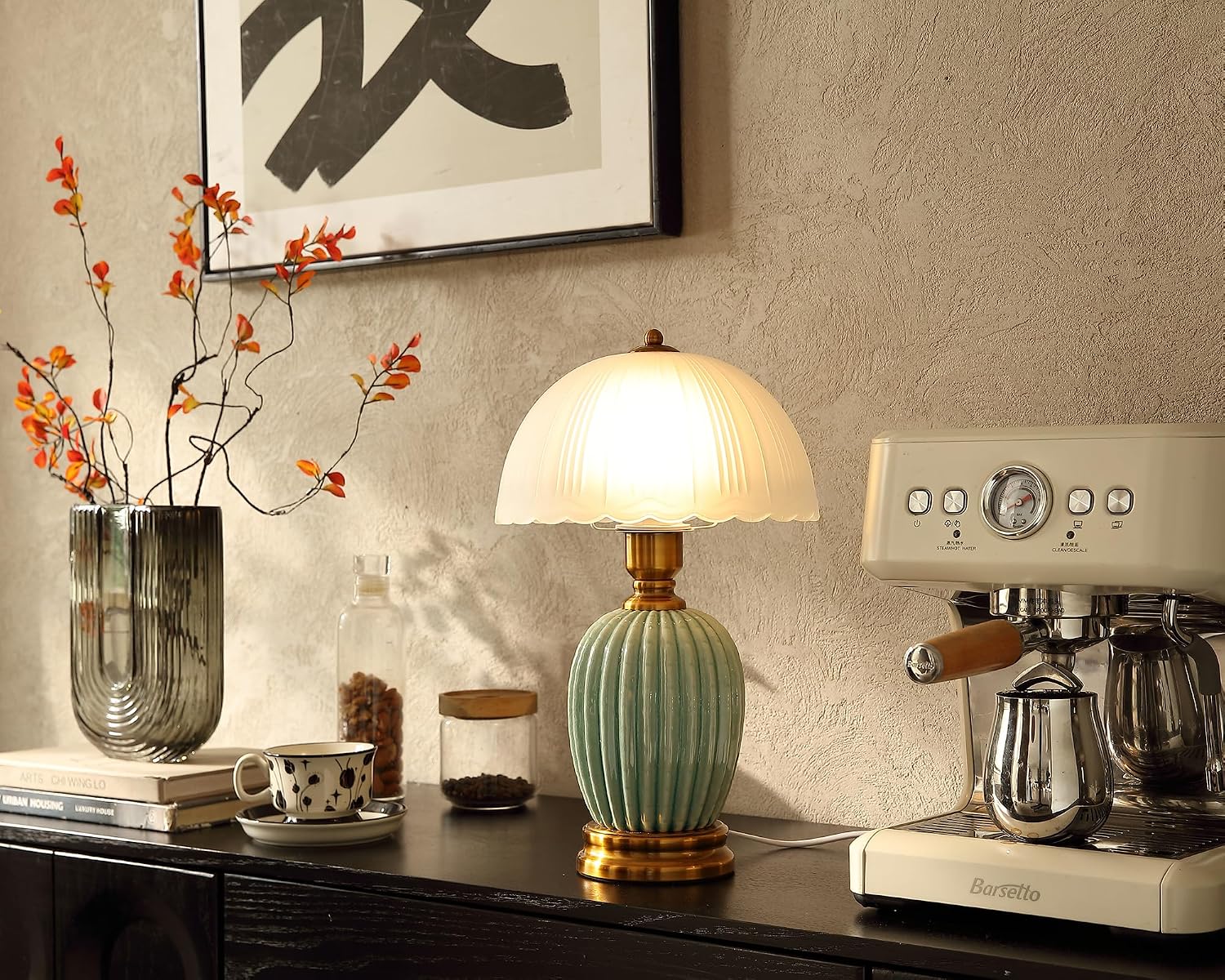Glivpny Vintage Table Lamp for Living Room,16" Mid Century Modern Ceramic Lamps for Bedroom, Retro Bedside Nightstand Mushroom Glass…