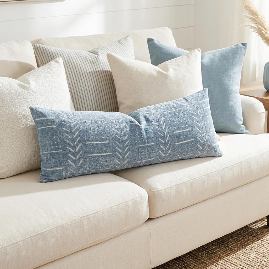 BlissBlush Coastal Blue Lumbar Pillow Cover 14x36 for Bed, Accent Long Lumbar Pillow Cover for Bedroom, Soft Woven Chenille Textured…