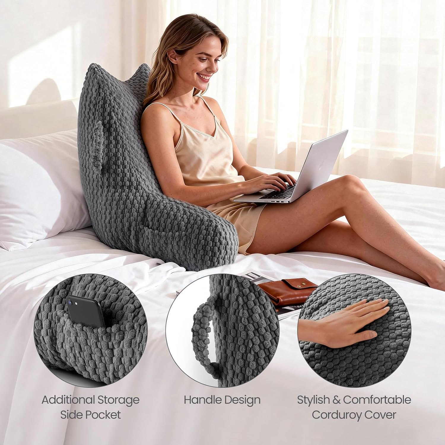 Yagamo Yaagmo Large Reading Pillow for Bed Sitting Up, Corduroy Backrest Pillow with Shredded Memory Foam Filling, Back Support Cush…