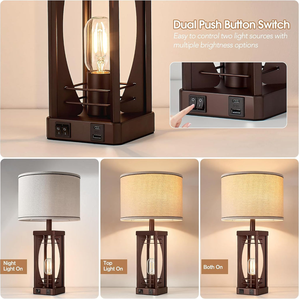 SRJJA Farmhouse Table Lamps Set of 2 for Living Room, Rustic Bedside Nightstand Lamps with USB A+C Charging Ports, 22.5" Dual Light…