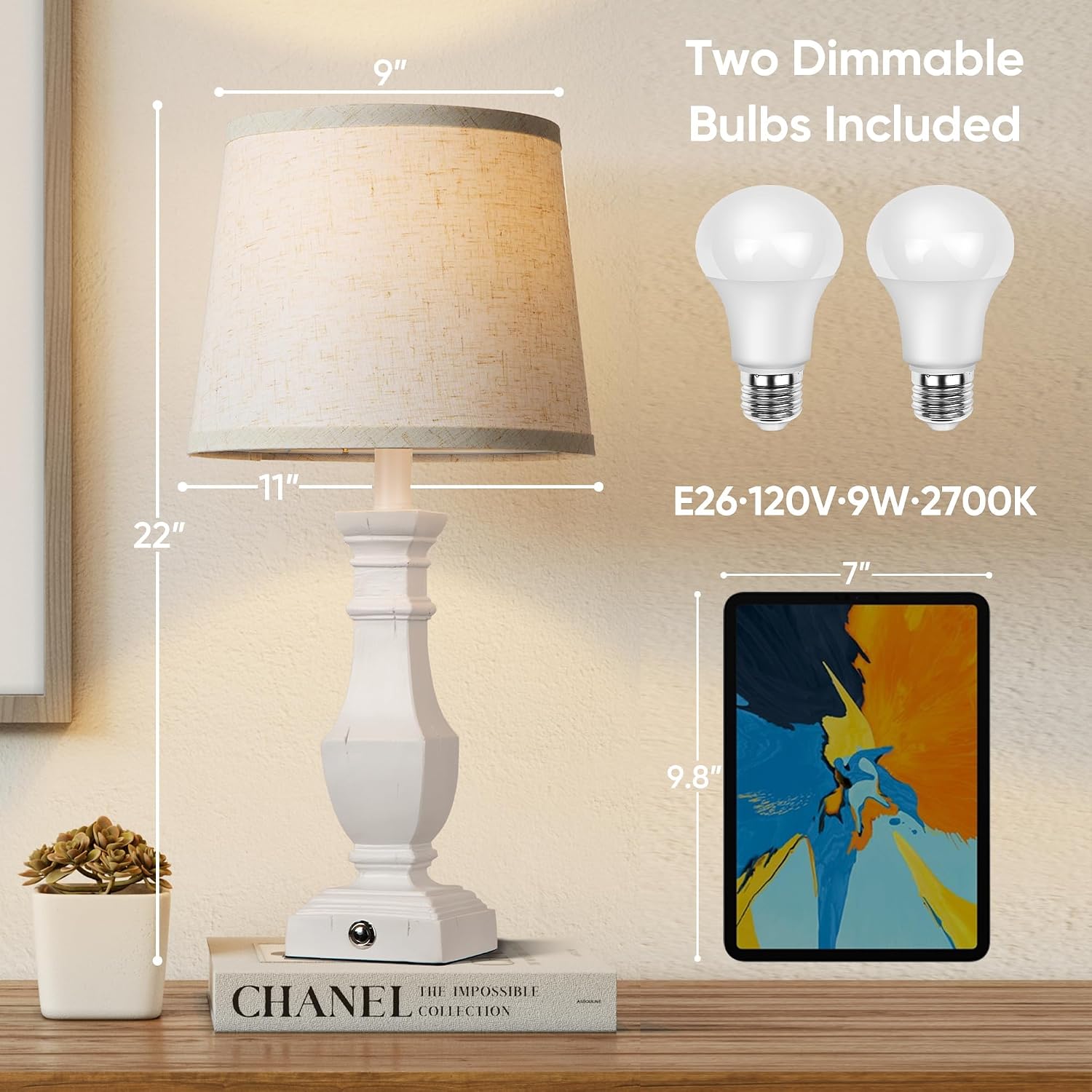 ROTTOGOON Dimmable Table Lamps Set of 2, Rustic Farmhouse Table Lamps for Living Room Bedroom, Bedside Desk Lamps for end Tables, Touch…