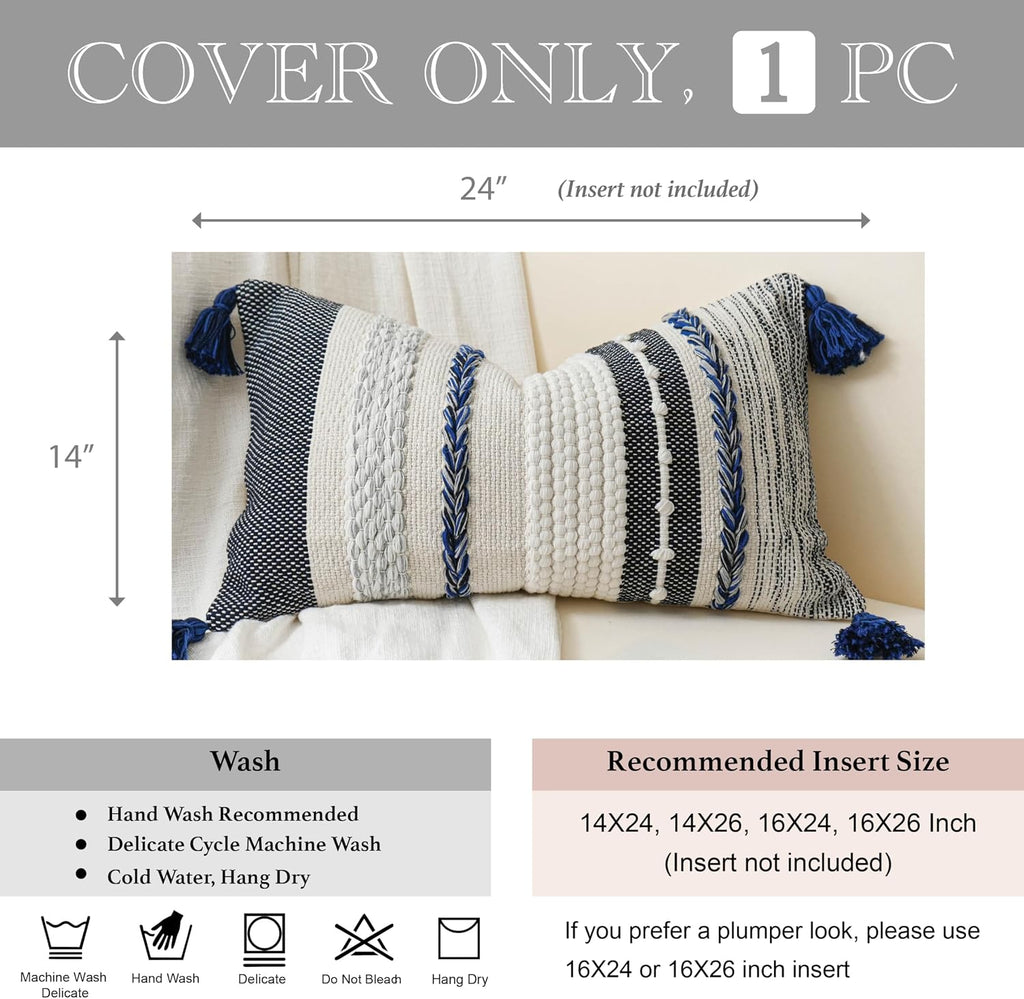BlissBlush Decorative Lumbar Throw Pillow Cover 14x24 Boho Dark Blue Accent Cushion for Couch Sofa Farmhouse Pillowcase for Bedroom…
