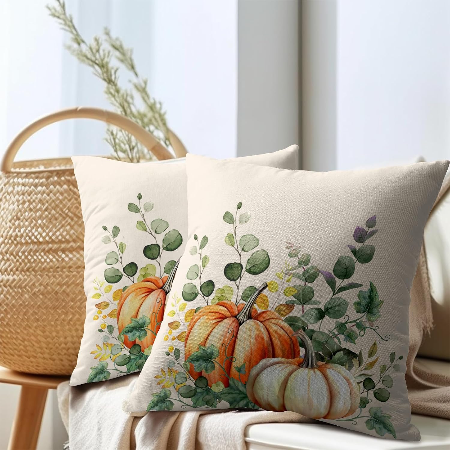Fall Throw Pillow Cover 18x18 Inch Pack of 2 Autumn Watercolor Pumpkin Sage Green Leaf Outdoor Pillow Protector Thanksgiving Sofa Cotton…