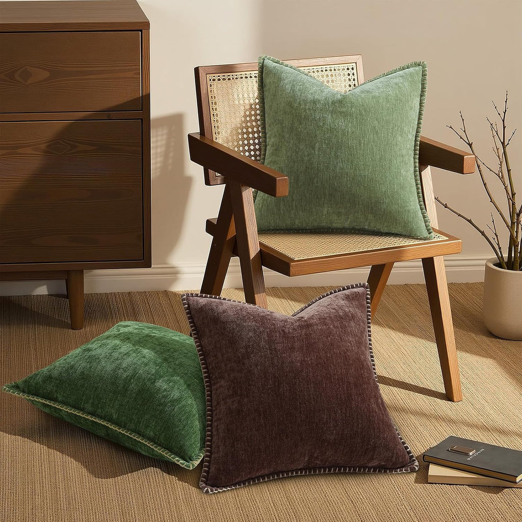 decorUhome Chenille Soft Cozy Throw Pillow Covers 18x18 Set of 2, Modern Farmhouse Boho Velvet Decorative Pillow Cases with Stitched Edge f…