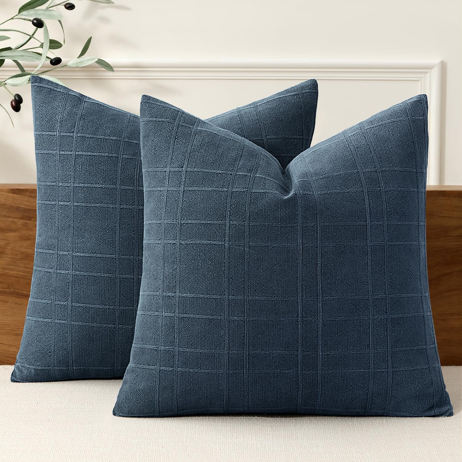 Miulee Decorative Linen Check Throw Pillow Covers Neutral Farmhouse Vintage Pillow Covers 18x18 Set of 2 Boho Modern Home Decor for Sofa Co…