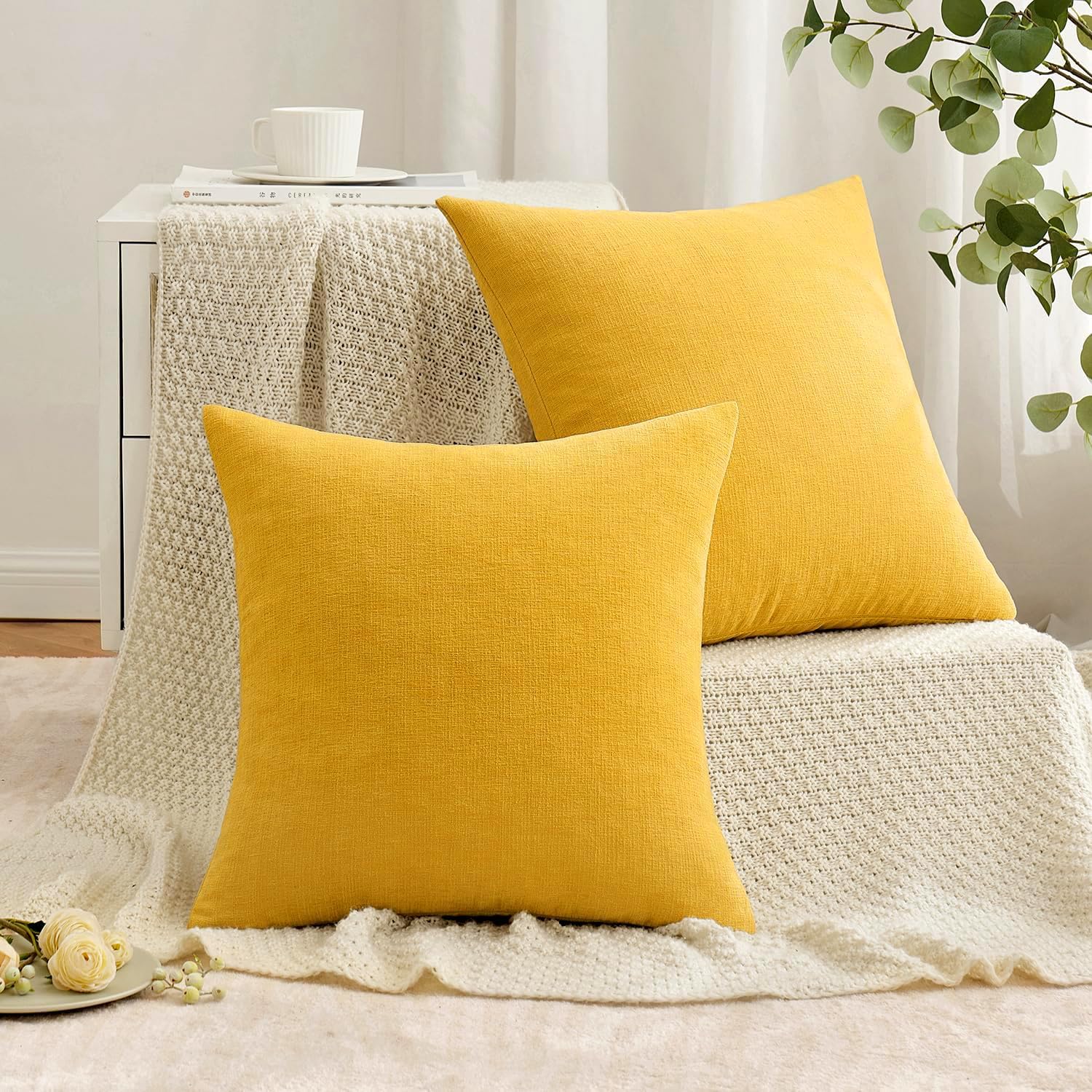 Miulee Yellow Couch Pillow Covers 18x18 Inch, Set of 2 Soft Chenille Summer Decorative Square Throw Pillow Covers Farmhouse for Sofa Living…