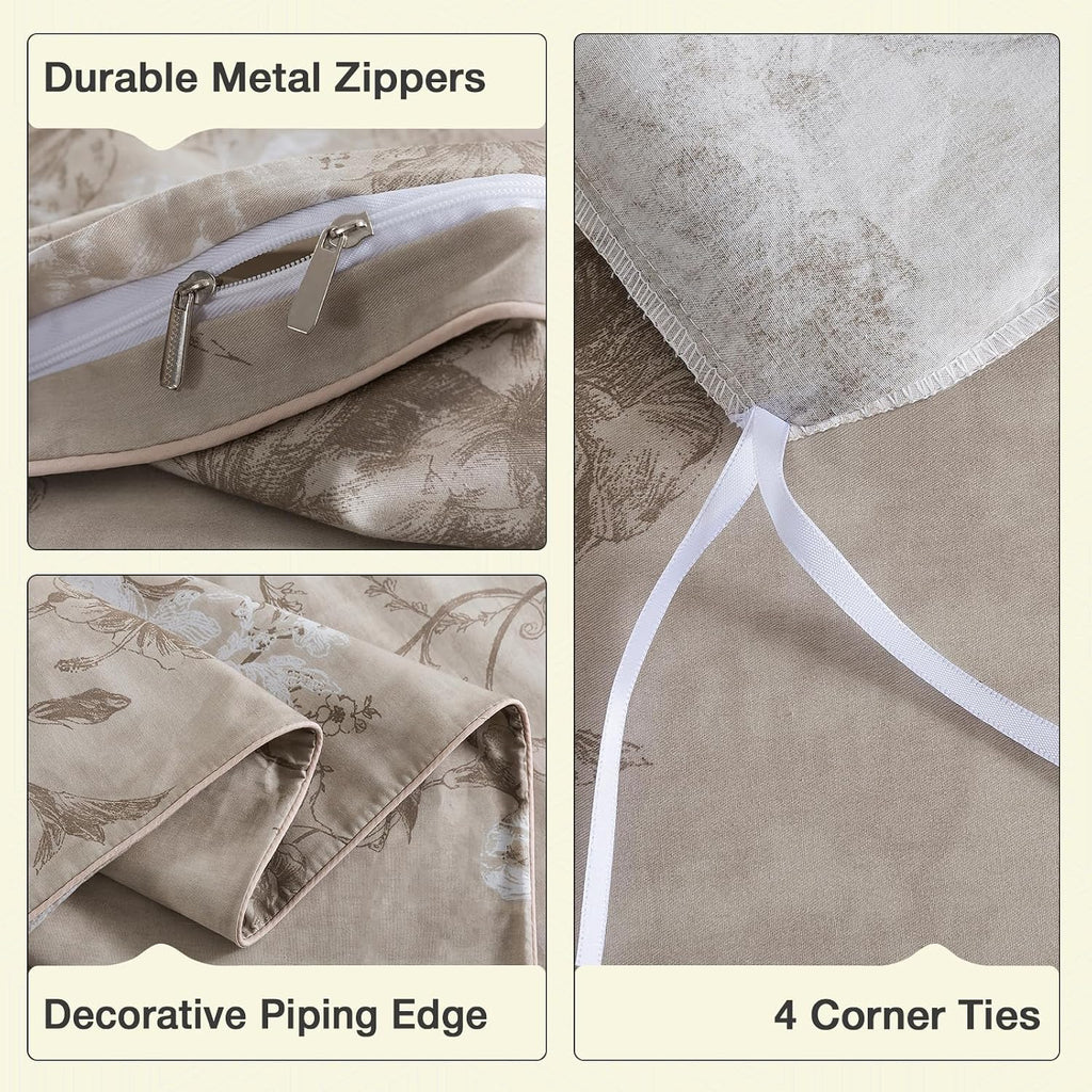 Puralens Dark Beige Moody Floral Duvet Cover, Queen 100% Cotton Percale Neutral Flower Patterned Comforter Cover Set, French Country Soft C…