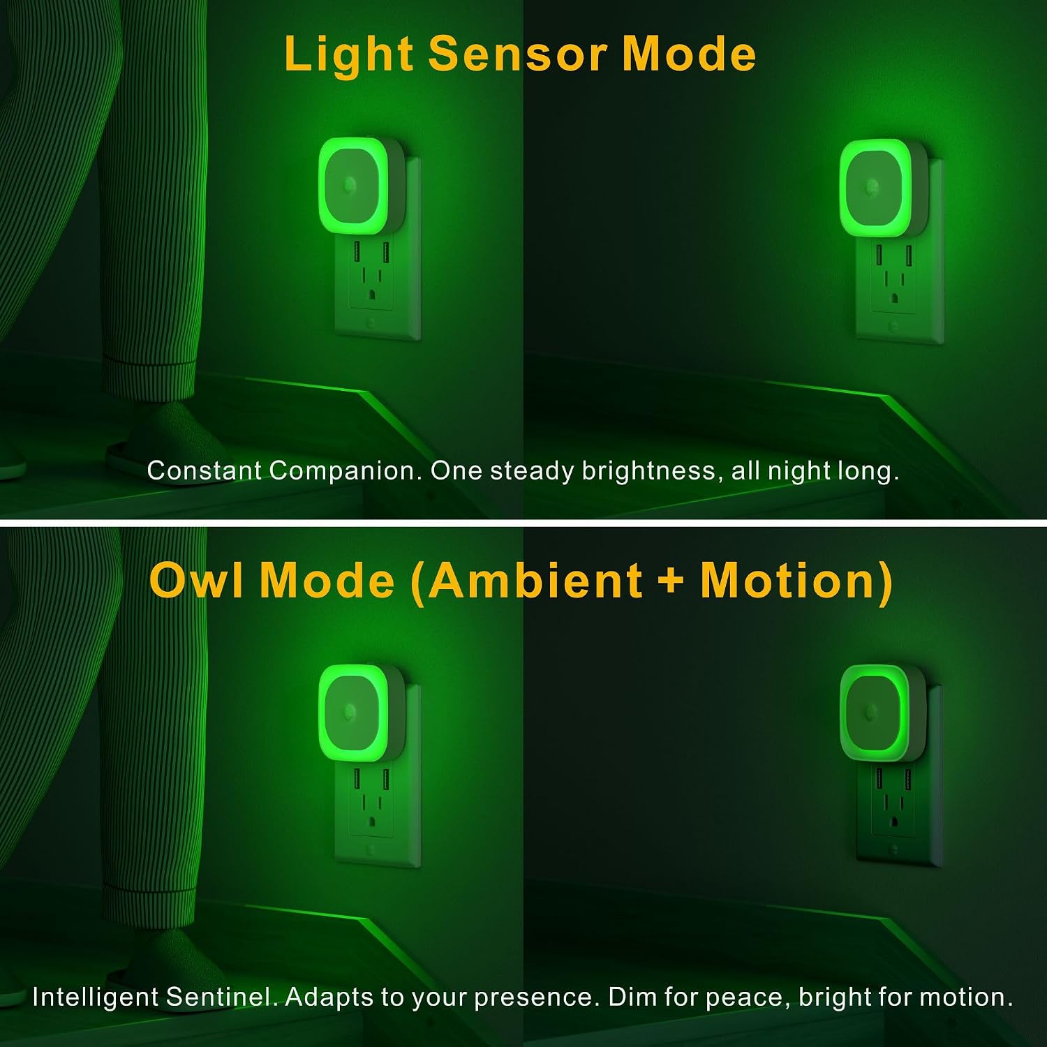 Yunlex 2 Pack Plug in Night Light with Motion Sensor & Dusk to Dawn Sensor, 3 Sensor Modes, Auto ON/OFF, Dimmable Reflected Light, Calming…