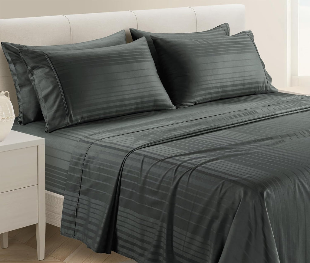 Casa Platino 100% Cotton Sheets King Size - 6 Pcs (1 Flat, 1 Fitted, 4 Pillowcases) - Striped 500 TC - Super Soft & Breathable, Ultra…