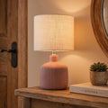 Ceramic Table Lamp, 17.75" Rustic Farmhouse Bedside Lamp with Beige Linen Shade, Warm Ambient Nightstand Lighting for Bedroom or Living…
