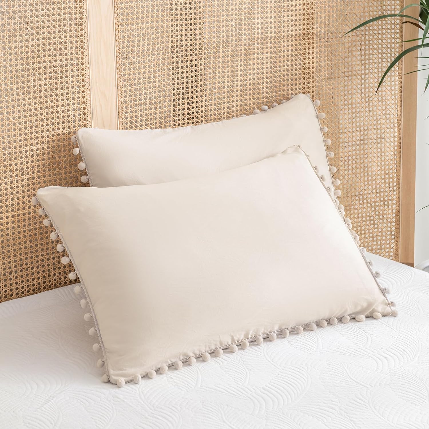 Moveover Move Over Beige Pillowcases King Size Pom Pom Pillowcases Cream Pillow Cases Set of 2 Soft Washed Microfiber Boho Pillow Covers Cu…