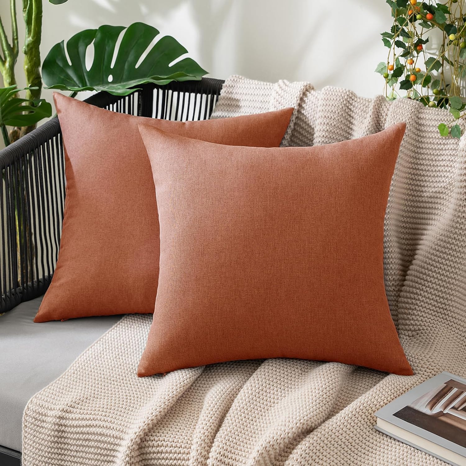 Miulee Pack of 2 Decorative Outdoor Solid Waterproof Throw Pillow Covers Faux Linen Garden Farmhouse Cushion Cases for Summer Patio Tent Ba…