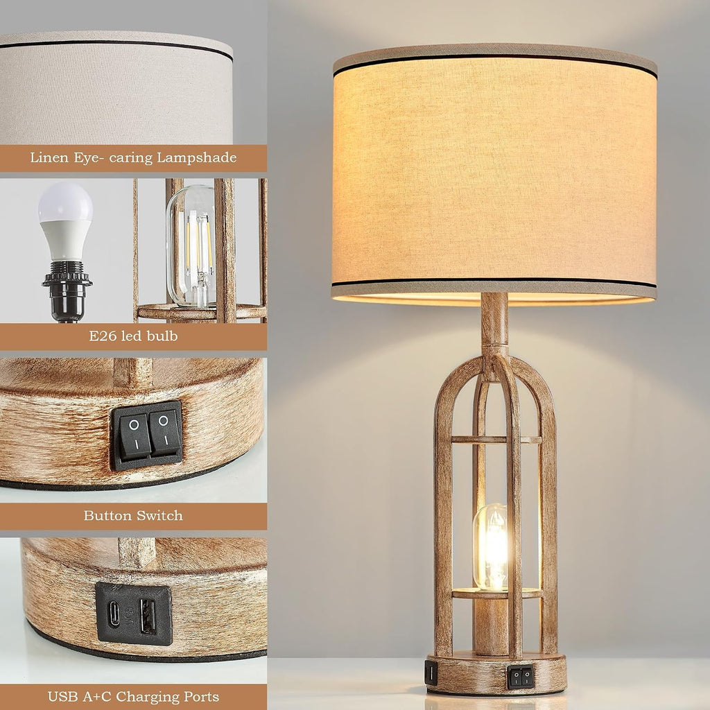 SRJJA Farmhouse Table Lamps for Living Room End Table Set of 2 - Rustic Bedside Lamps for Bedroom Nightstand with Night Light & USB A+C…