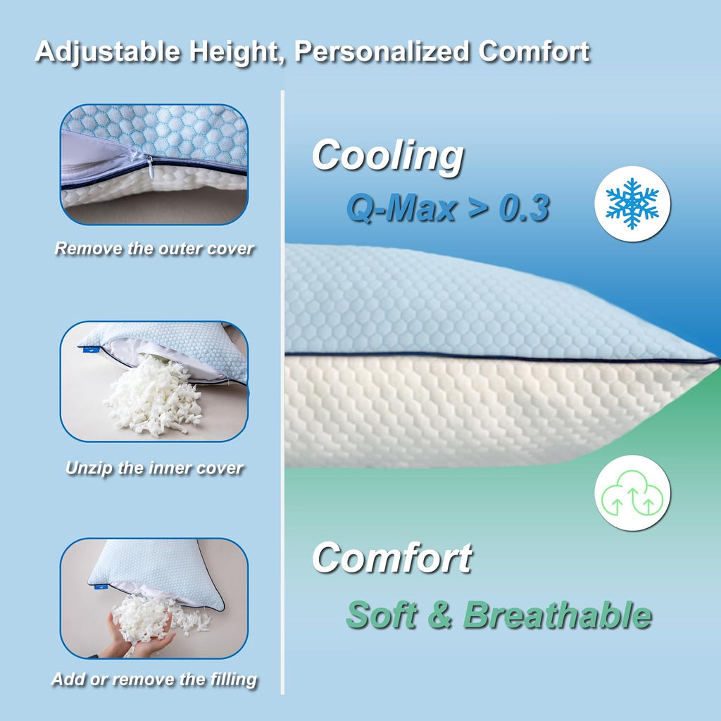 Cooling Pillow Queen Size Set of 2, Shredded Memory Foam Adjustable Loft, Slow Rebound Cervical Pillow for Neck Pain, Ice Silk &…