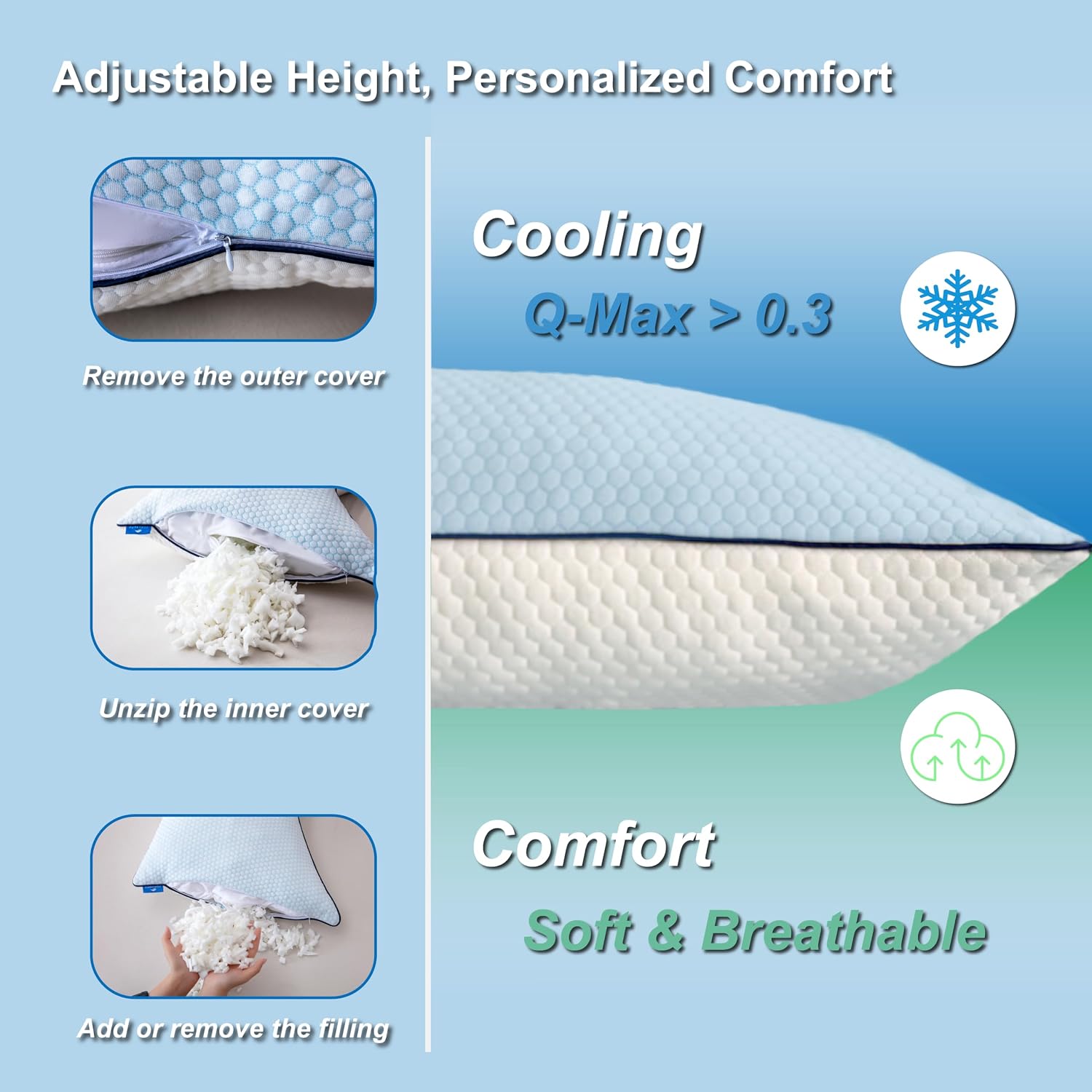 Cooling Pillow Queen Size Set of 2, Shredded Memory Foam Adjustable Loft, Slow Rebound Cervical Pillow for Neck Pain, Ice Silk &…