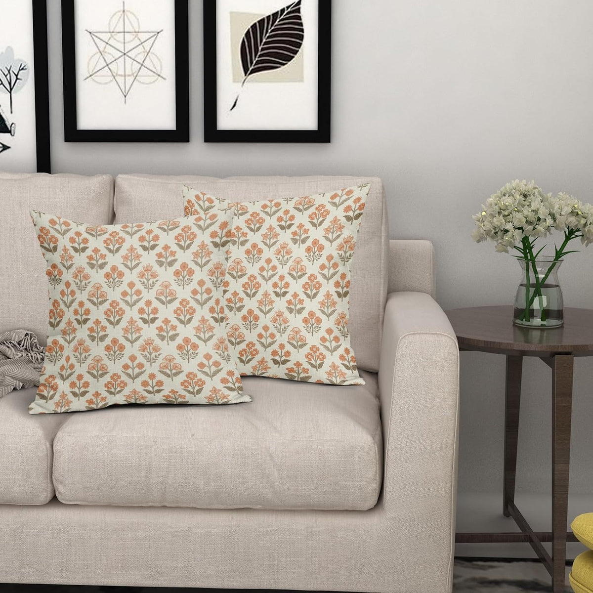 Brown Orange Floral Block Print Pillow Covers 18x18 Inch Set of 2, Vintage Flower Pattern Decorative Throw Pillowcases Outdoor Farmhouse…