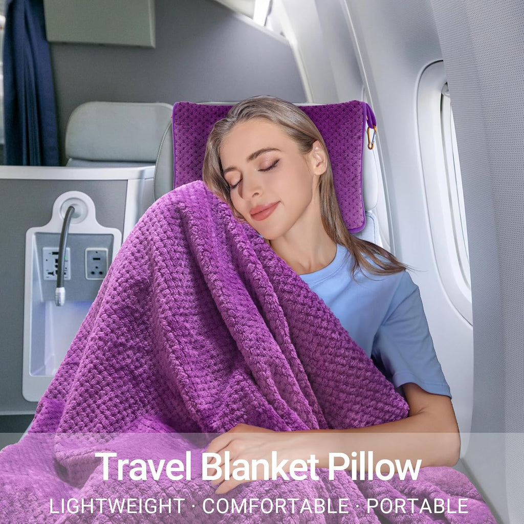 Travel Blanket Pillow-Premium Soft 2 in 1 Airplane Blanket for Long Trips Essentials with Bag Pillowcase, Hand Luggage Sleeve and…