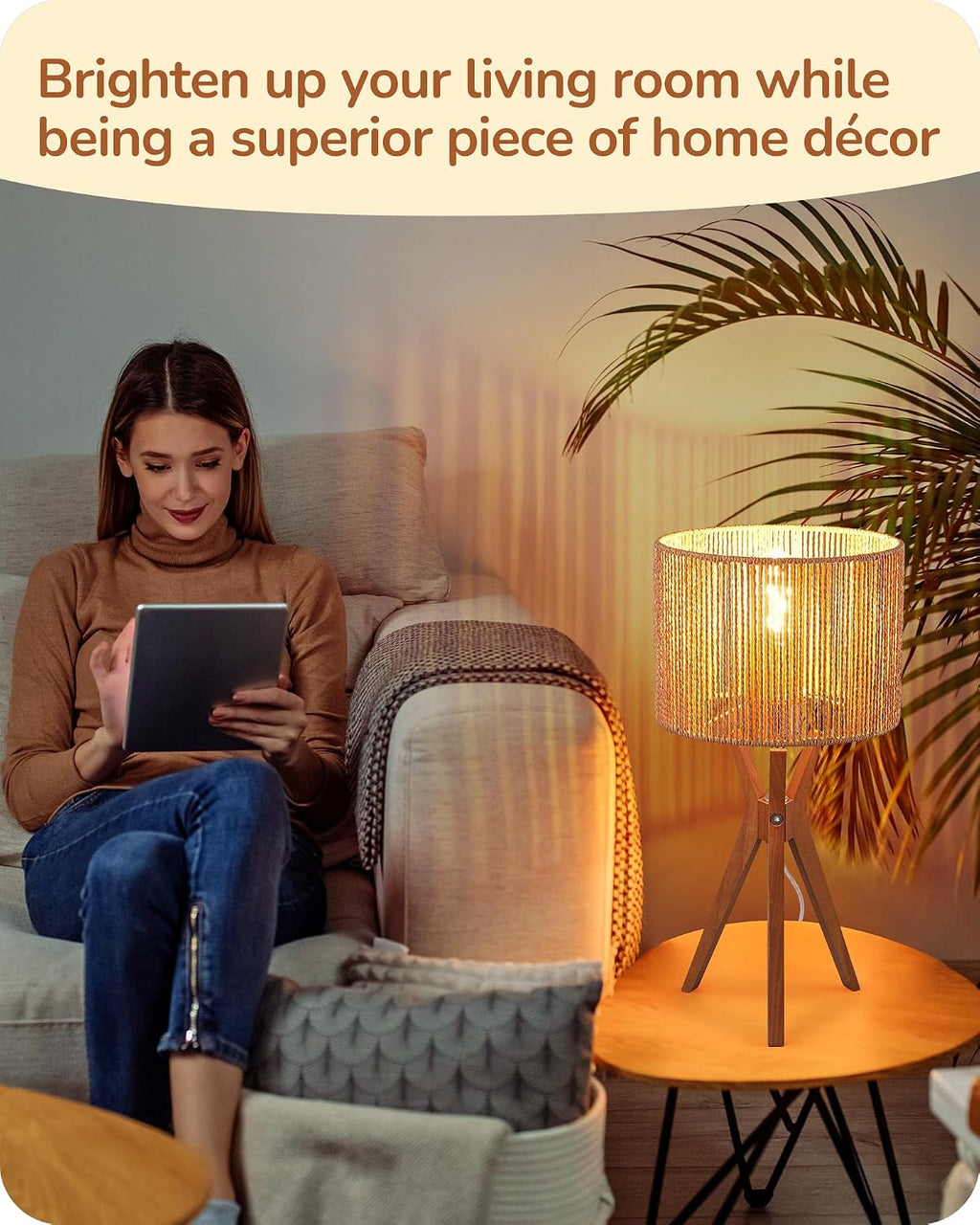 EDISHINE 17.5" Rattan Table Lamp, Wood Bedside Lamp with Handmade Paper Rope Woven Lampshade, Nightstand Lamp for Living Room, Bedroom…