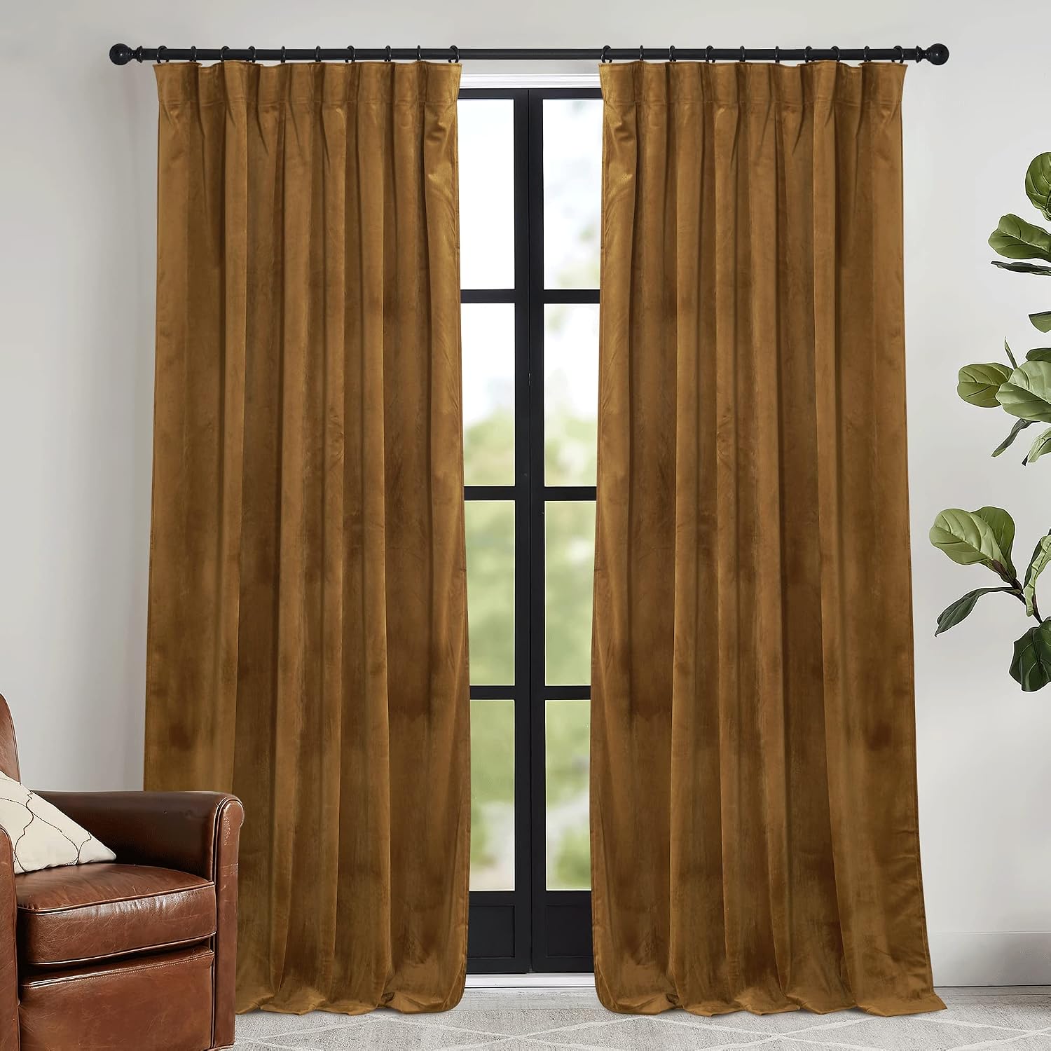Rybhome RYB HOME Brownish Gold Velvet Curtains 96 inch, Retro Vintage Room Darkening Window Curtains for Living Room Thermal Insulated Shad…