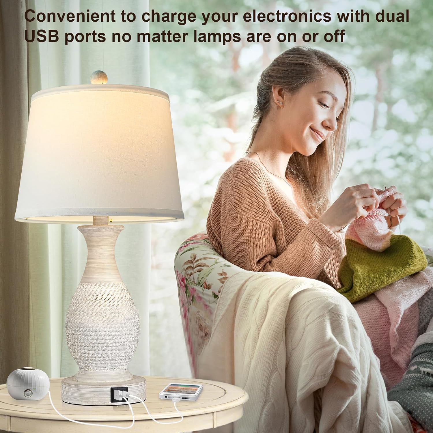 PARTPHONER Table Lamps Set of 2, Bedside Touch Lamp with USB C+A Charging Ports, Side Table Lamp with White Fabric Shade (LED Bulbs…