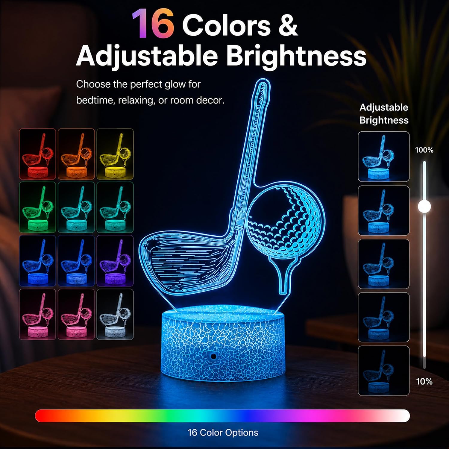Golf Illusion Night Light, Remote, 16 Colors Changing RGB Flashing Mode Dimmable LED Lamp, Birthday Holiday Gifts for Boys Girls Teens…