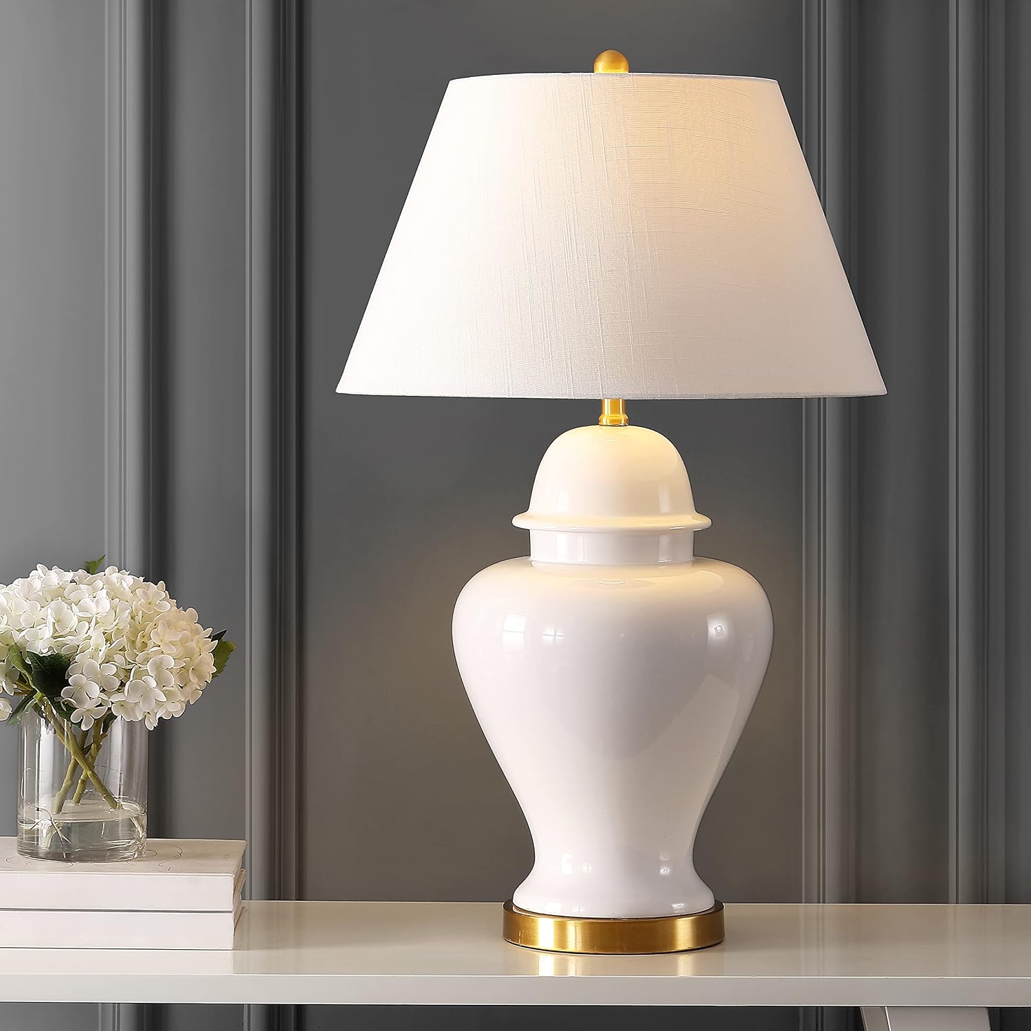 JONATHAN Y 33" White Modern Ceramic Ginger Jar Table Lamp for Living Room, Traditional Bedside Lamp for Bedroom Entryway, White Linen…