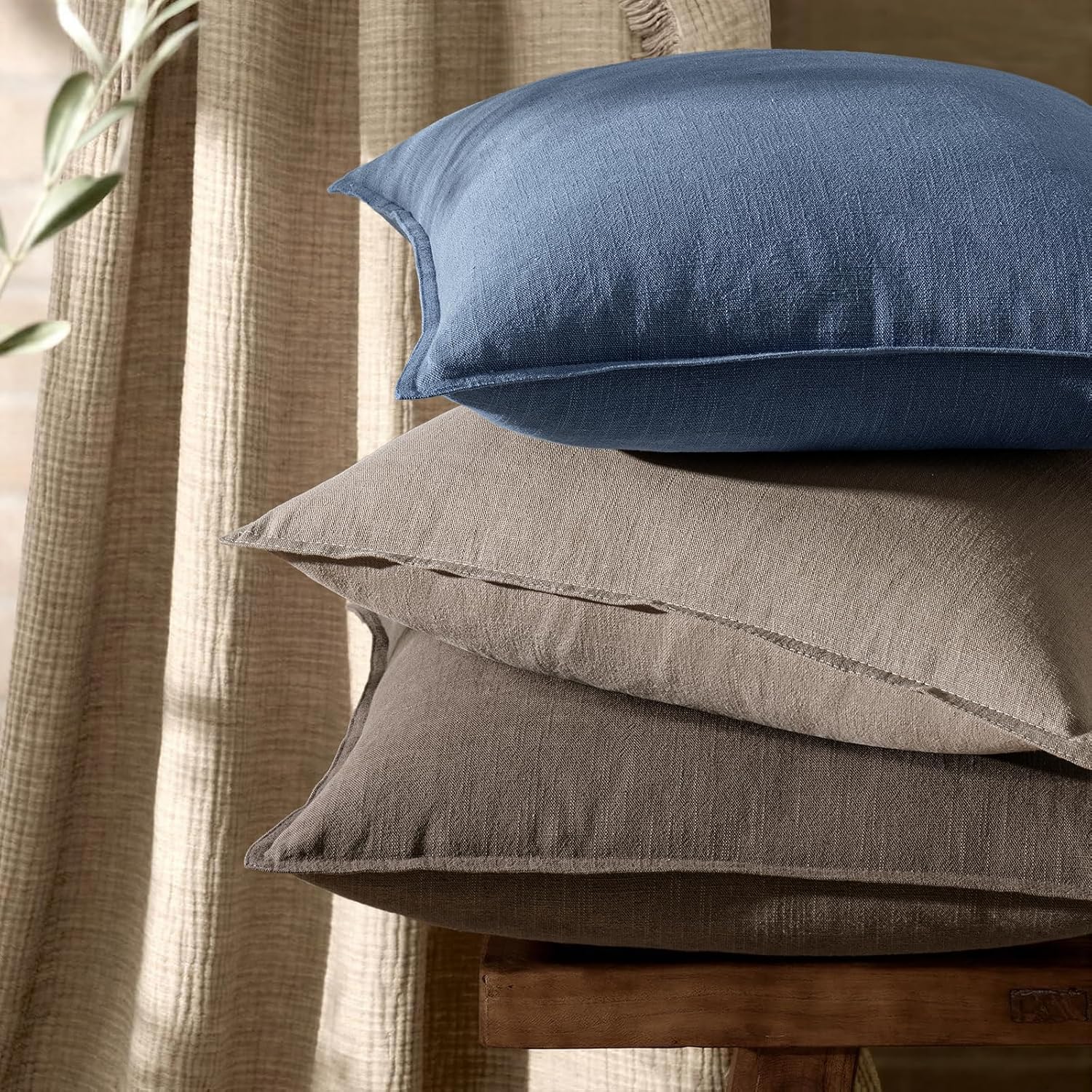 Anroduo Pack of 2 Decorative Linen Pillow Covers Blue Ashes Neutral Farmhouse Boho Soild Cushion Case Soft Accent Pillowcase for Couch Sofa…