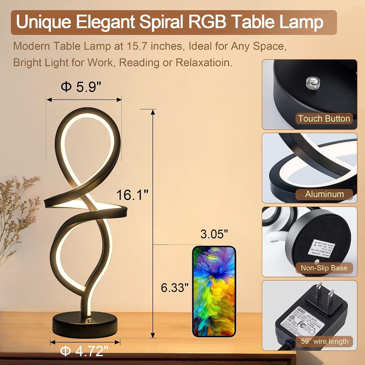 Mayful RGB Modern Table Lamp with 15W LED Spiral Spiral Design, Black Nightstand Lamp & Small Bedside Lamp, Touch Dimmable with 7 Colors…