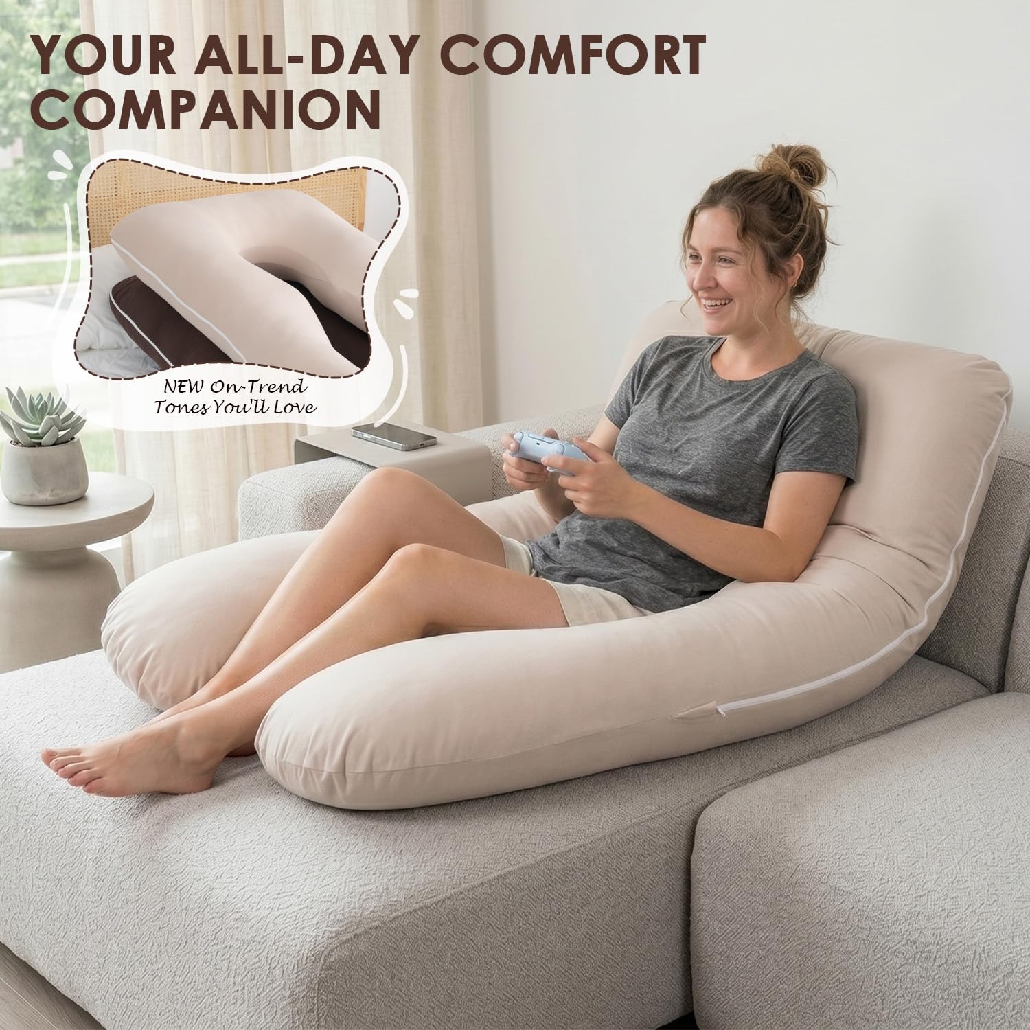 Queenrose QUEEN ROSE U Shaped Pregnancy Pillow, Breathable Cotton Full Body Support for Maternity, Ivory Cotton