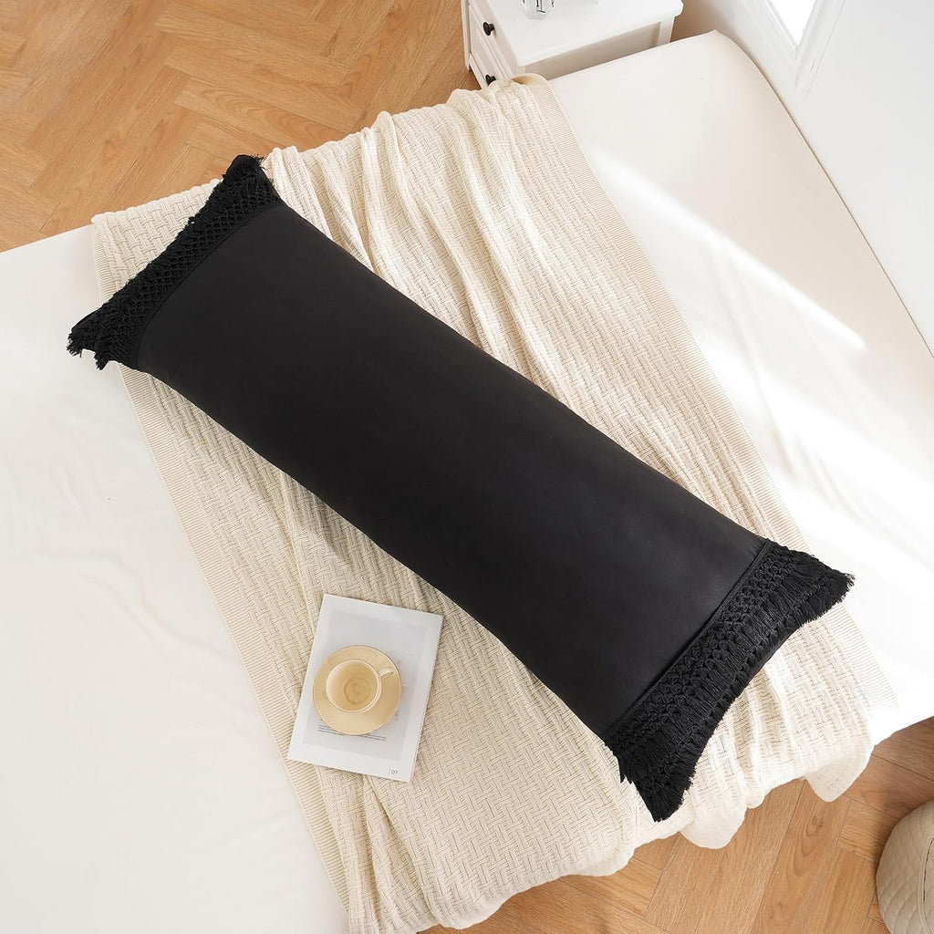 Moveover MOVE OVER Black Body Pillow Cover 20x54 Macrame Tassel Decor Design Boho Body Pillow Case Cover with Pocket Closure Black